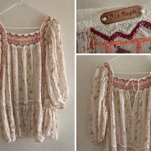 Free People Bohemian Floral Blouse - Cream and Orange